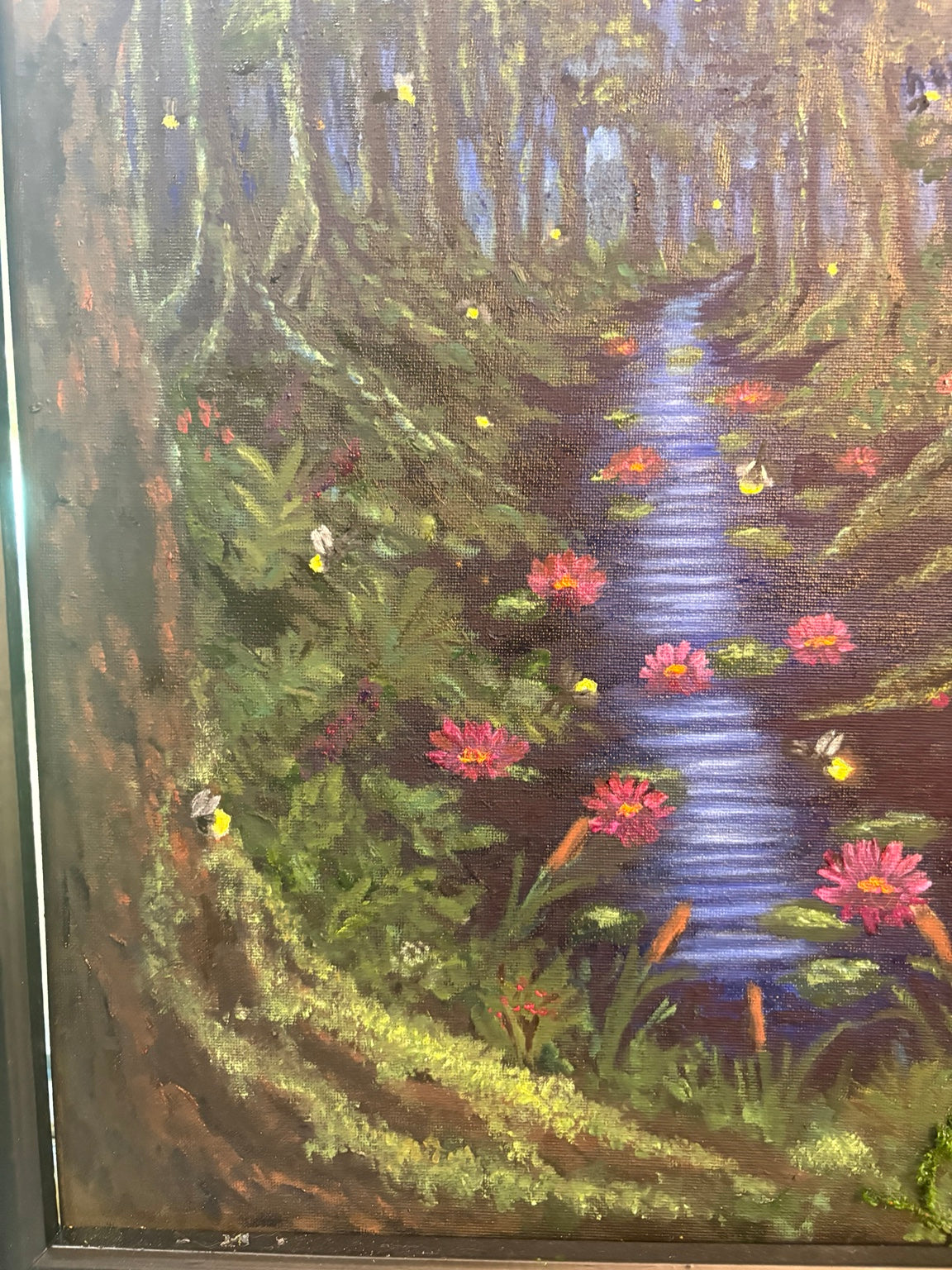 Close-up of the dimensional boat emerging from the painted water in Fireflies Along the Water