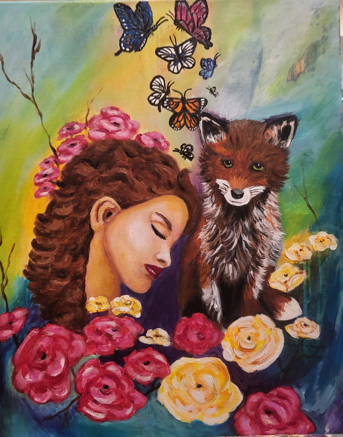 Where the Wild Things Rest original oil painting with woman, fox, flowers and butterflies by Dolores Montijo