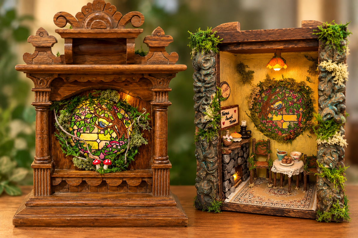 Front and back views of the same handcrafted Abhaile miniature