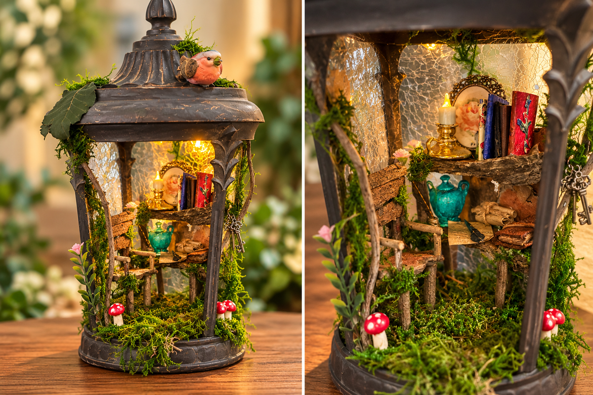 The Keeper's Reading Nook miniature, exterior and interior against a warm softly blurred background