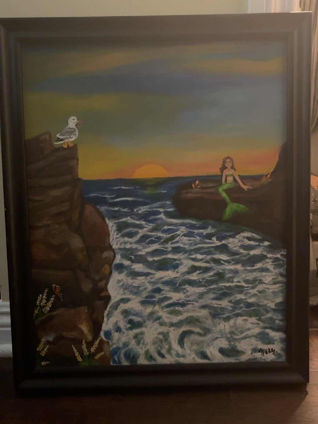Between Tide and Twilight original oil painting of a mermaid by the sea at sunset by Dolores Montijo