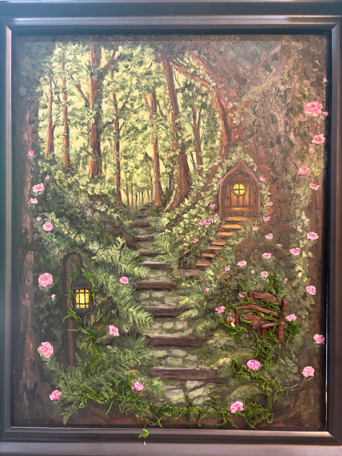Dimensional lantern, bench, moss and woodland stairway detail in Someone Was Just Here