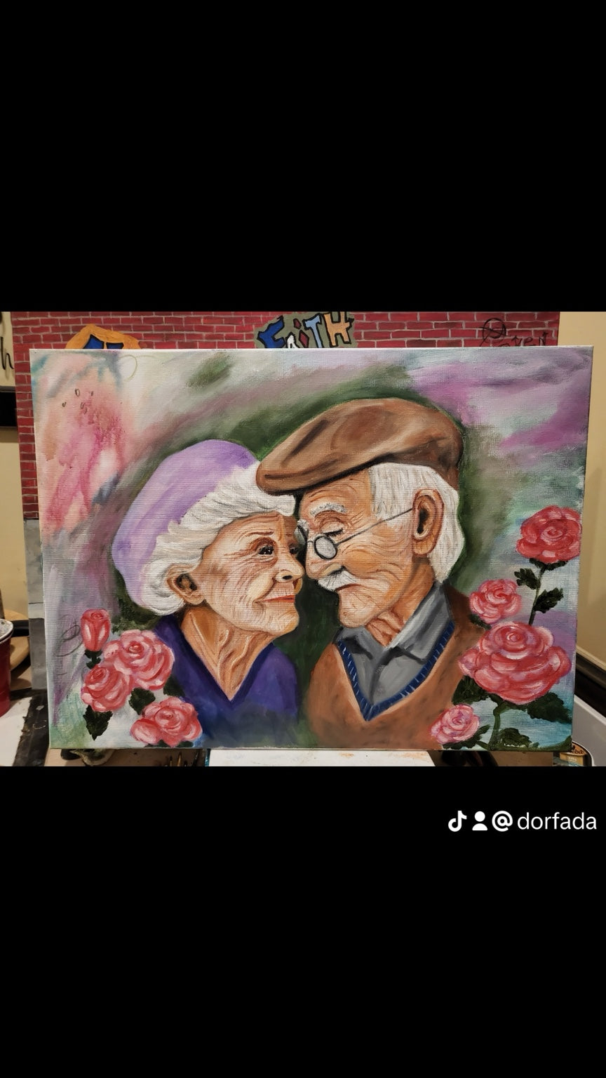 Still Us original oil painting of an elderly couple surrounded by roses by Dolores Montijo