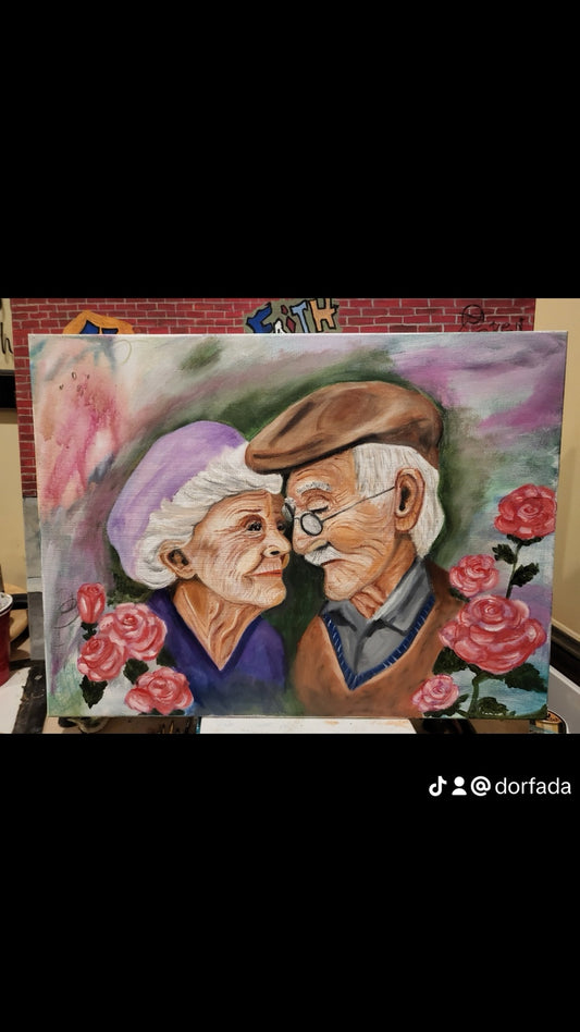 Still Us original oil painting of an elderly couple surrounded by roses by Dolores Montijo